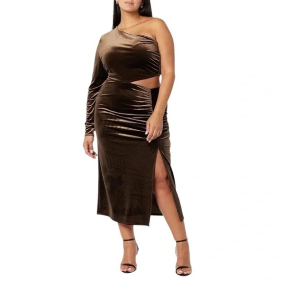 Dress 4X -Velvet Brown Bodycon Cut Out One Shoulder Midi The Drop: Lia Plus Size - Picture 1 of 5